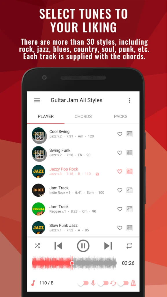 محیط برنامه Backing Tracks Guitar