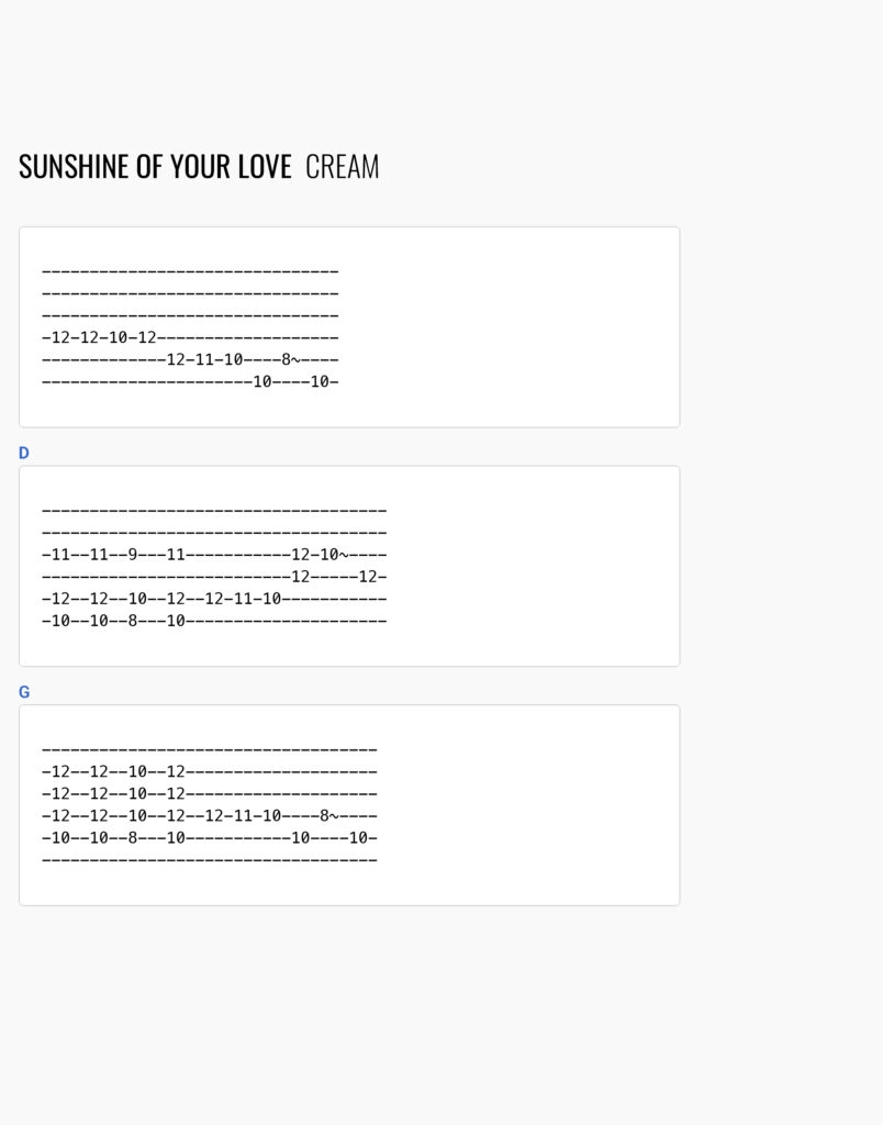 1 Sunshine of Your Love Cream Chords and Lyrics for Guitar