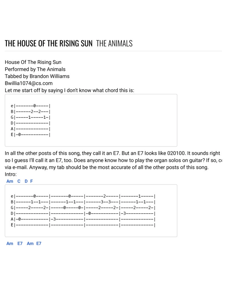 تبلچر آهنگ House of the Rising Sun