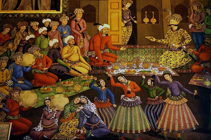 یکی از نقاشی‌های کاخ چهلستون با تصویر چند نوازنده دف در آن
