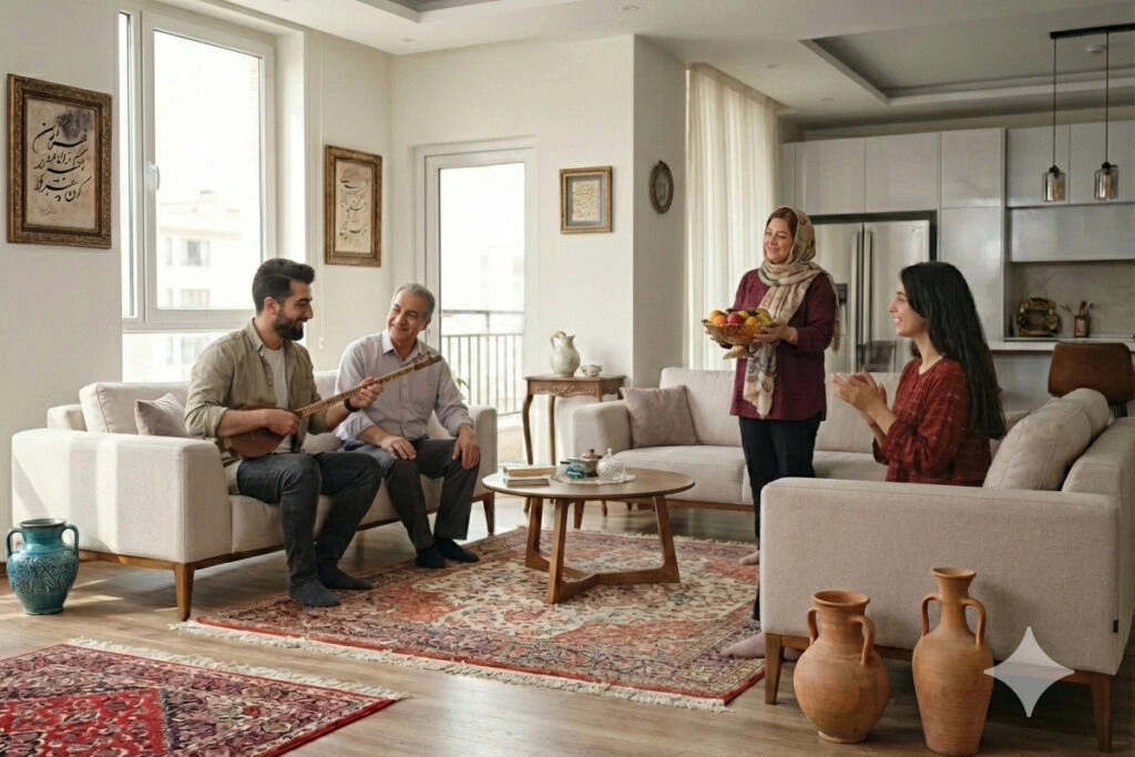 شخصی در حال سه تار زدن در جمع خانواده
