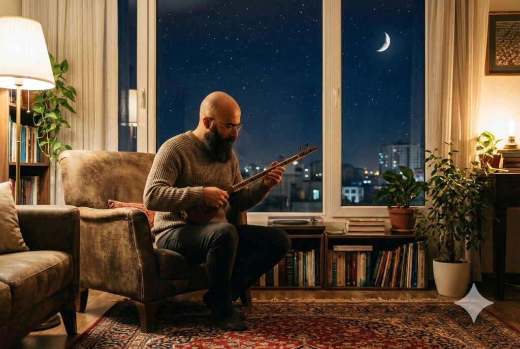 شخصی در حال سه تار نوازی در خلوت خود