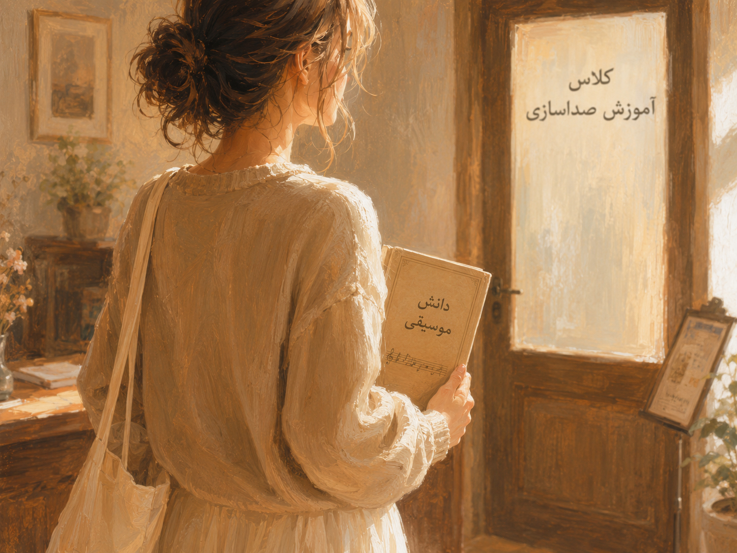 دختری دم در یک کلاس آموزش صداسازی در حالی که کتابی در مورد تئوری موسیقی در آغوش دارد