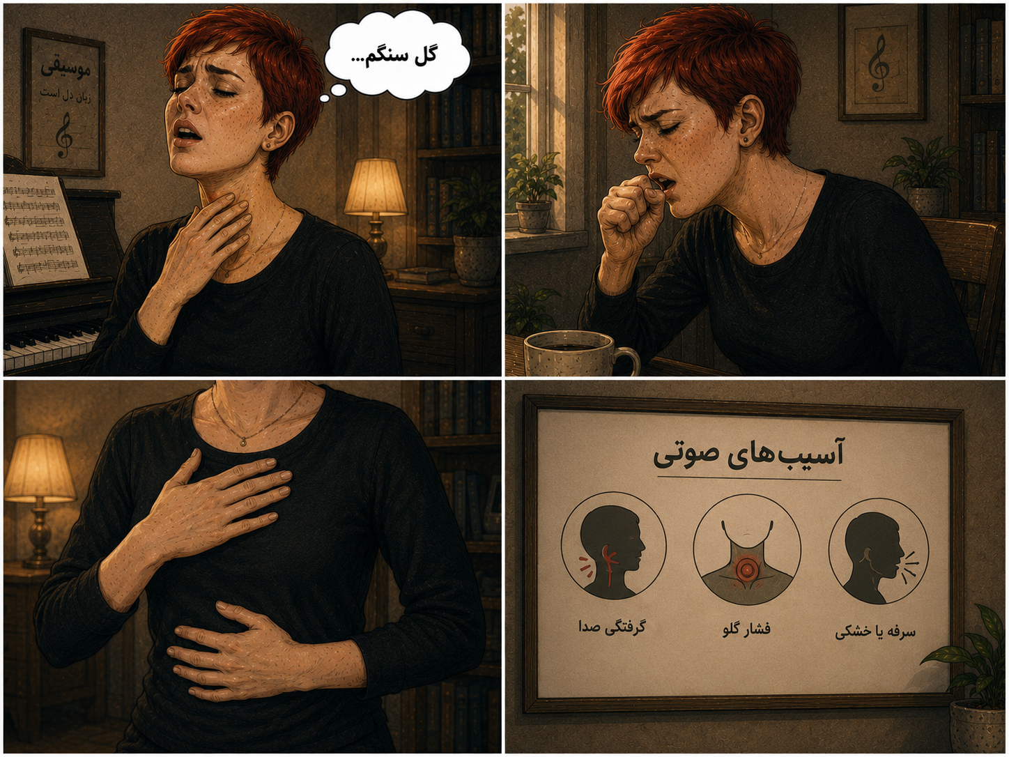 تصاویری از بانویی در حال چک کردن بدن خود در حال تمرین آواز