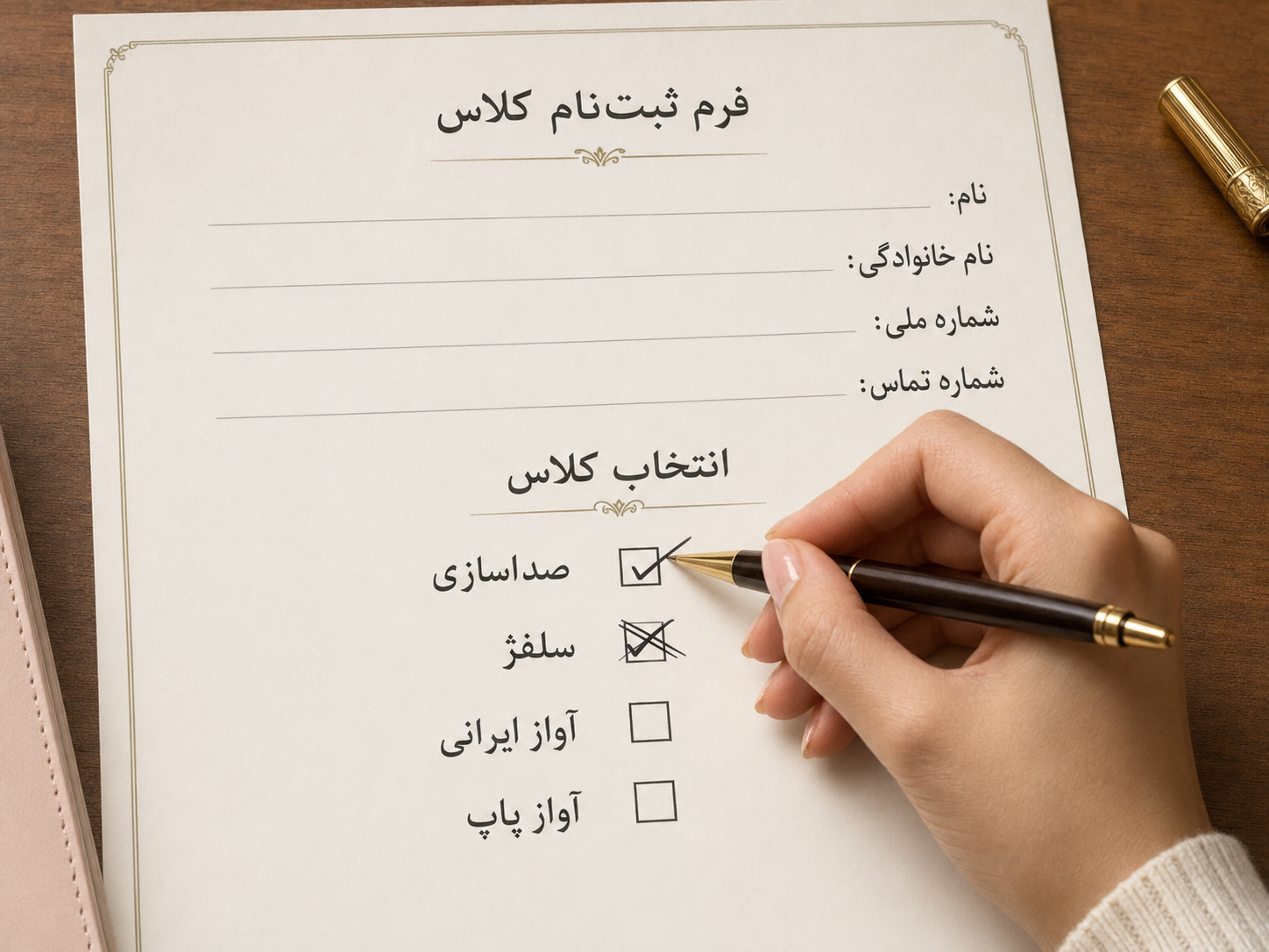 هنرجو در حال تیک زدن کلاس صداسازی در‌حالی‌که قبلا سلفژ را تیک زده بوده اما آن را خط‌خطی کرده است