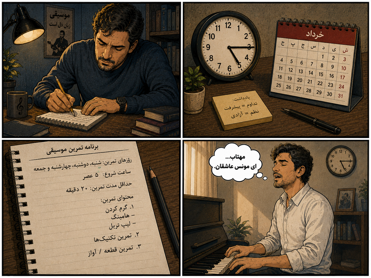 تصاویری از تنظیم برنامه برای انجام تمرین موسیقی