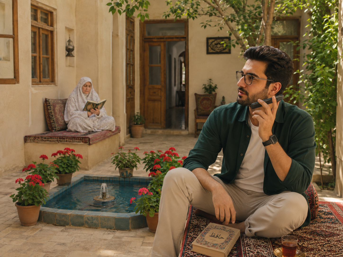 پسری در حال گوش دادن به وویسی که برایش ارسال شده