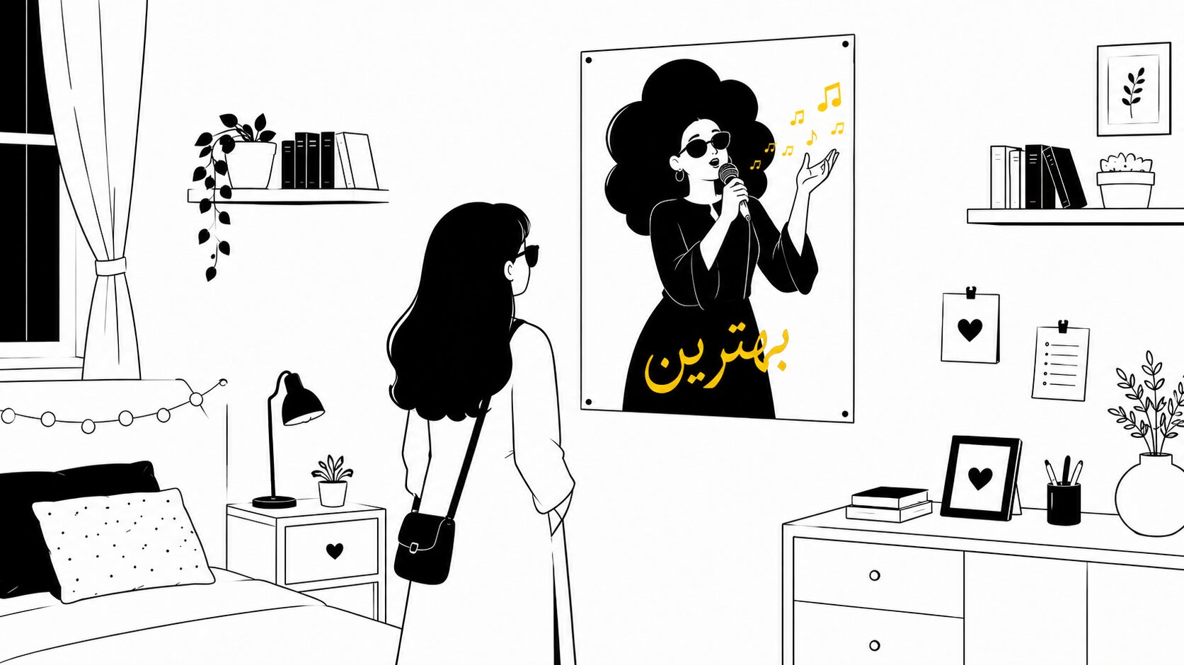 خانمی باحسرت در حال نگاه کردن به پوستر خواندده مورد علاقه‌اش
