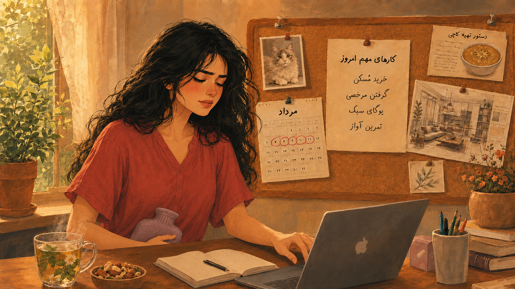 هنرجویی در حال فشردن کیسه آب گرم روی زیر شکمش