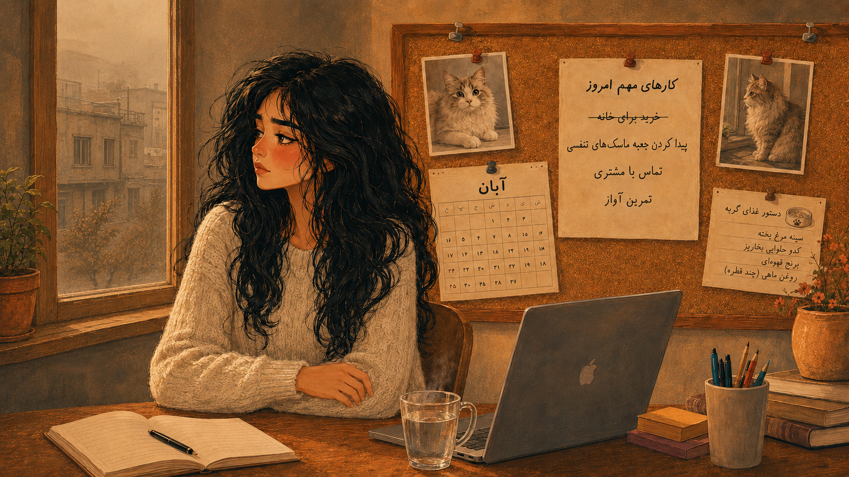 هنرجویی در حال نگاه کردن به هوای آلوده از پنجره