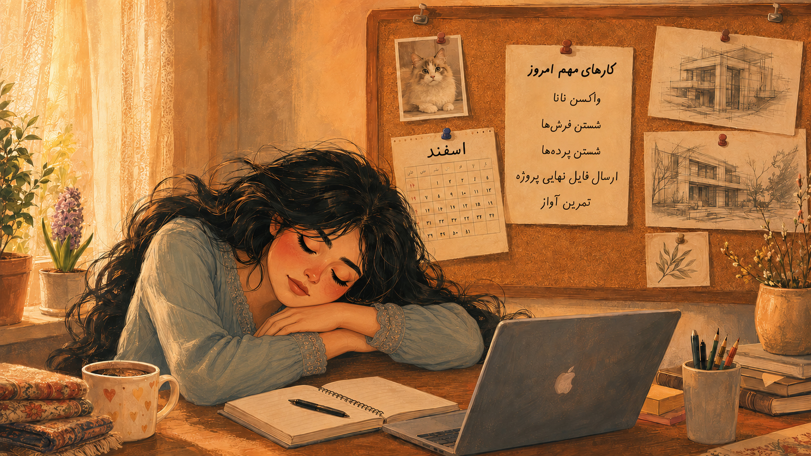 هنرجویی که از فرط خستگی روی میز کارش خوابیده