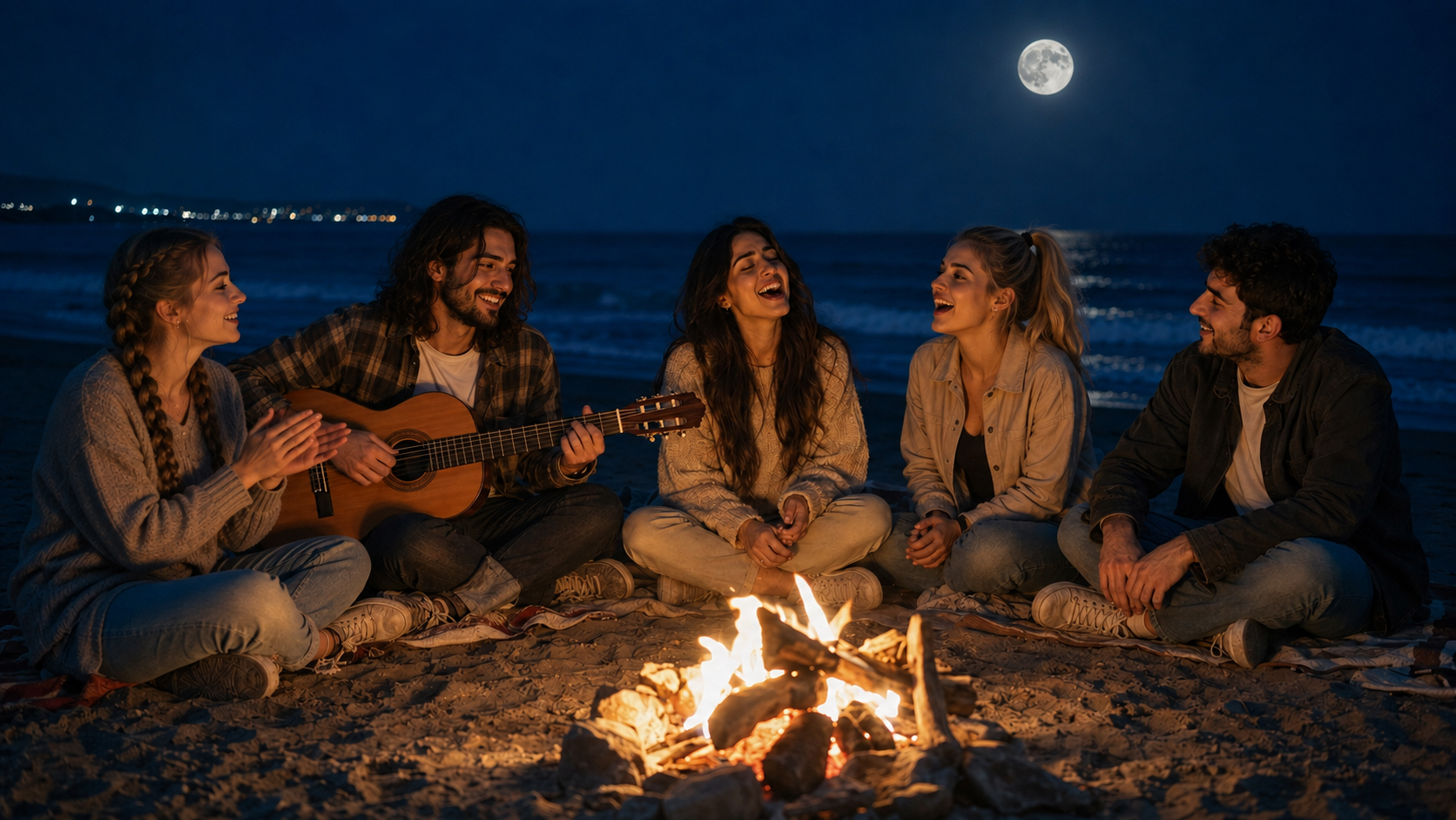 چند دوست در حال آواز خواندن و ساز زدن همراه یکدیگر